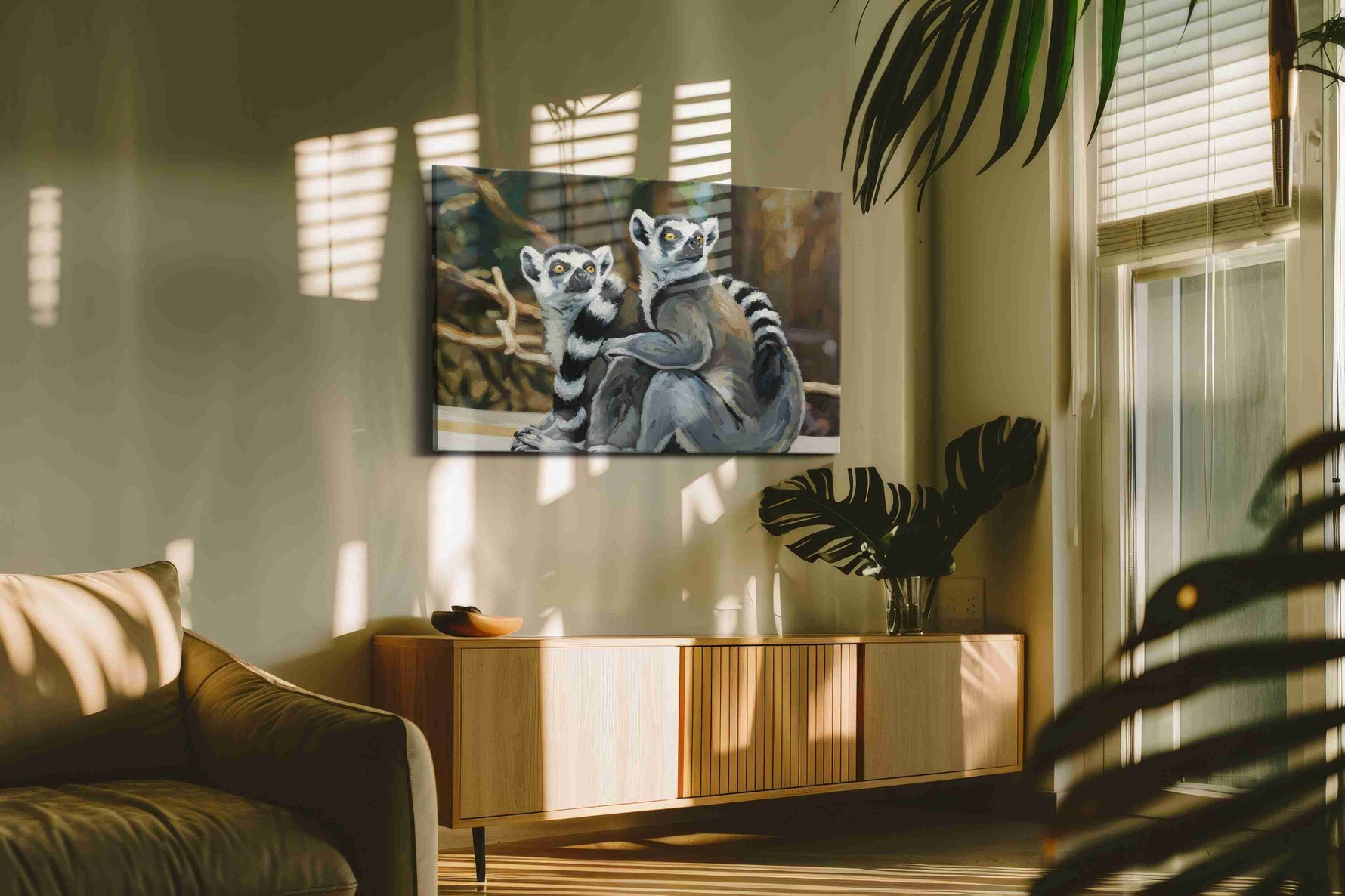 Lemur Companions' Gaze animals canvas print, on wall, lifestyle preview