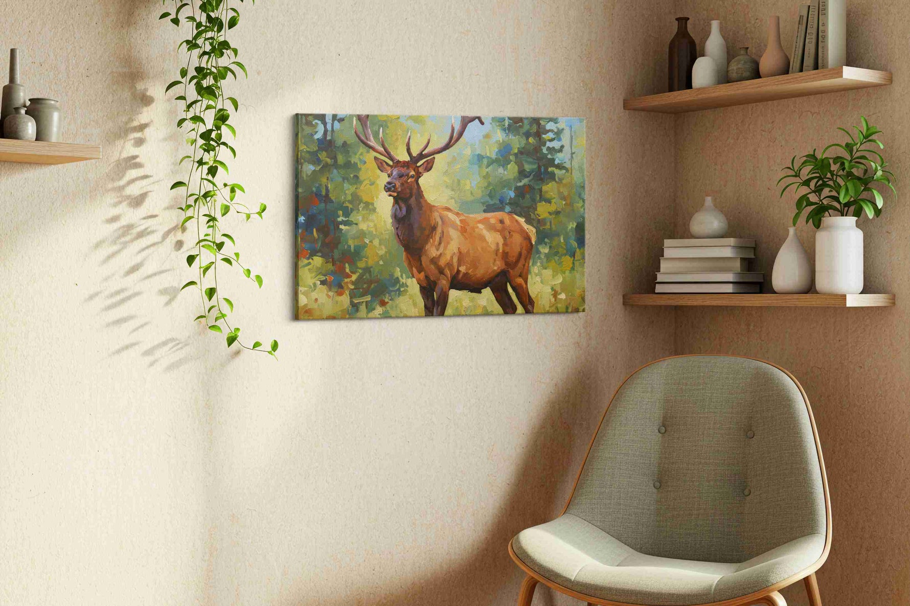 Majestic Forest Guardian animals canvas print styled in a living room