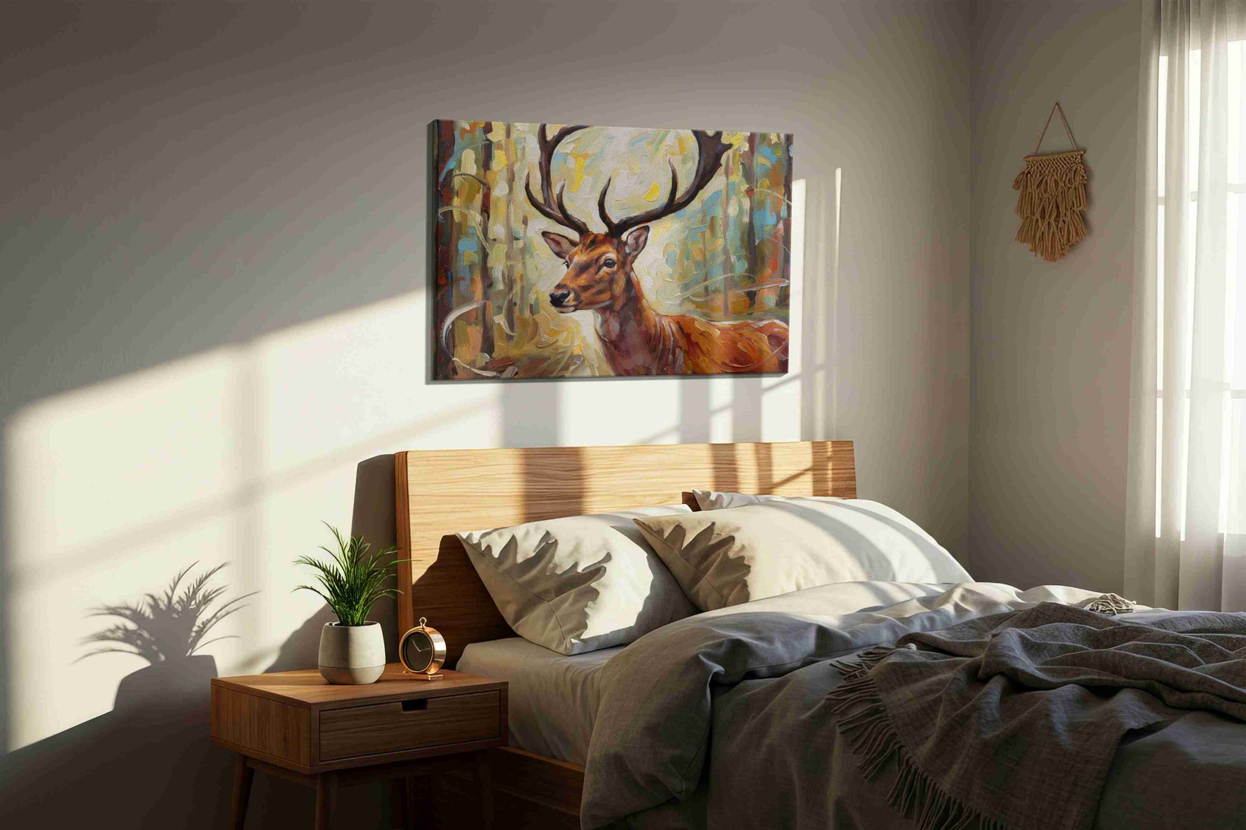 Majestic Forest Stag animals canvas print, displayed in a bedroom