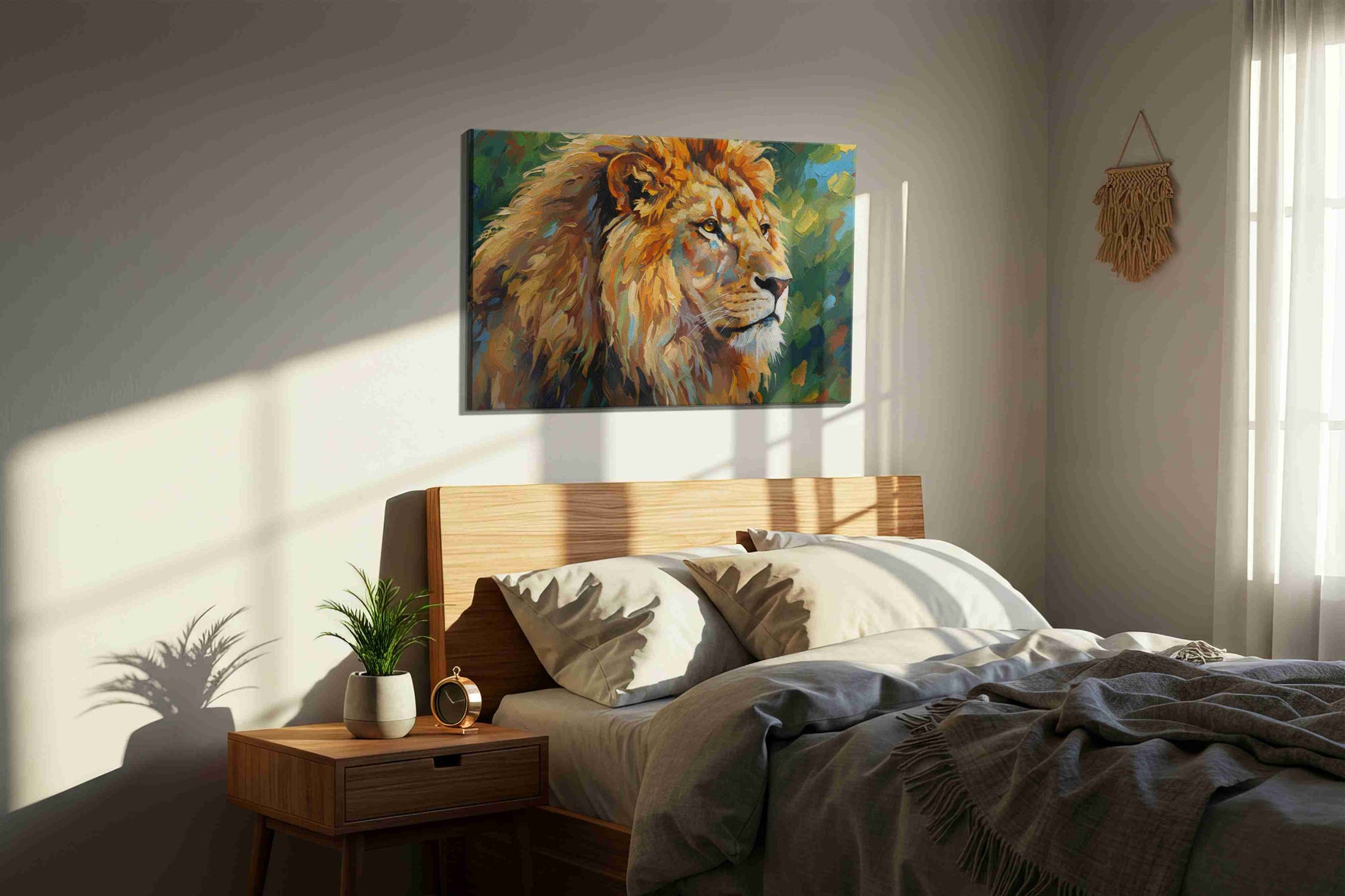 Majestic King of the Savanna animals canvas print, displayed in a bedroom