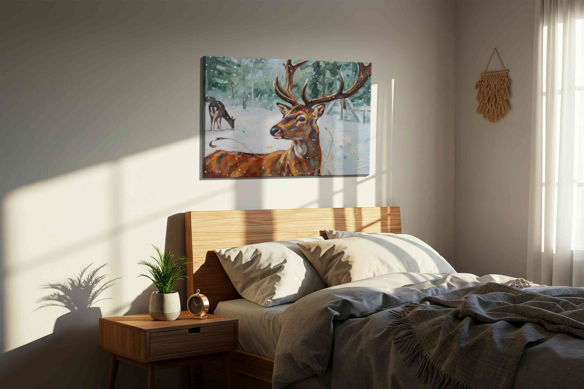 Majestic Winter Stag animals canvas print, displayed in a bedroom