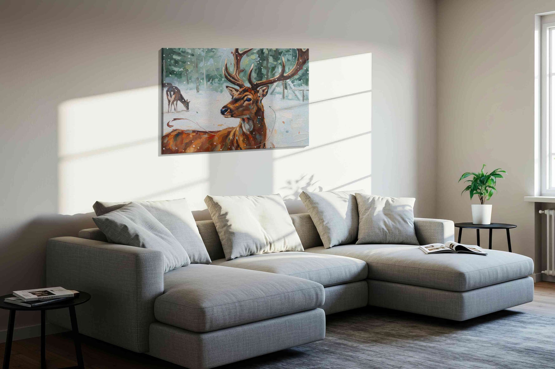 Majestic Winter Stag animals canvas print, displayed in a living room