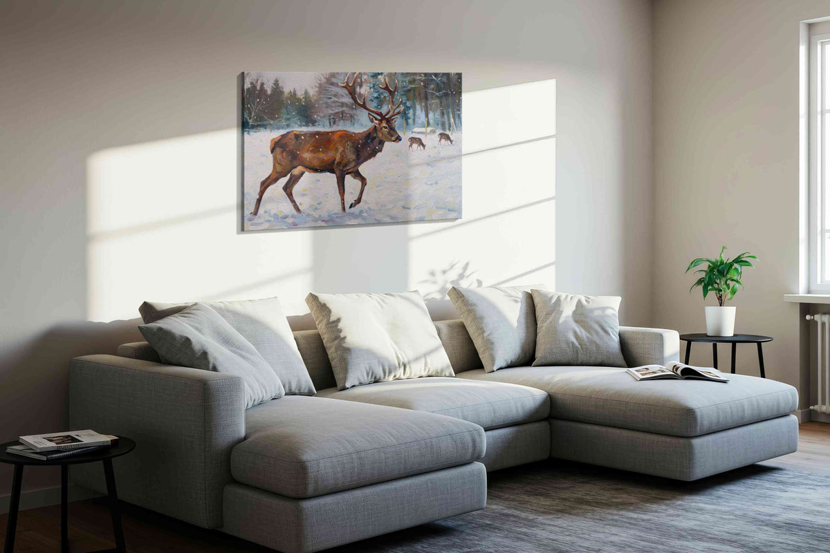 Majestic Winter Stroll animals canvas print, displayed in a living room