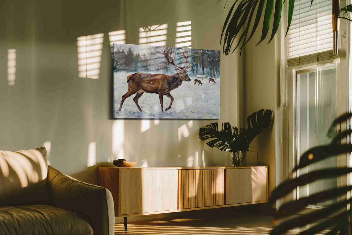 Majestic Winter Stroll animals canvas print in a contemporary interior mockup