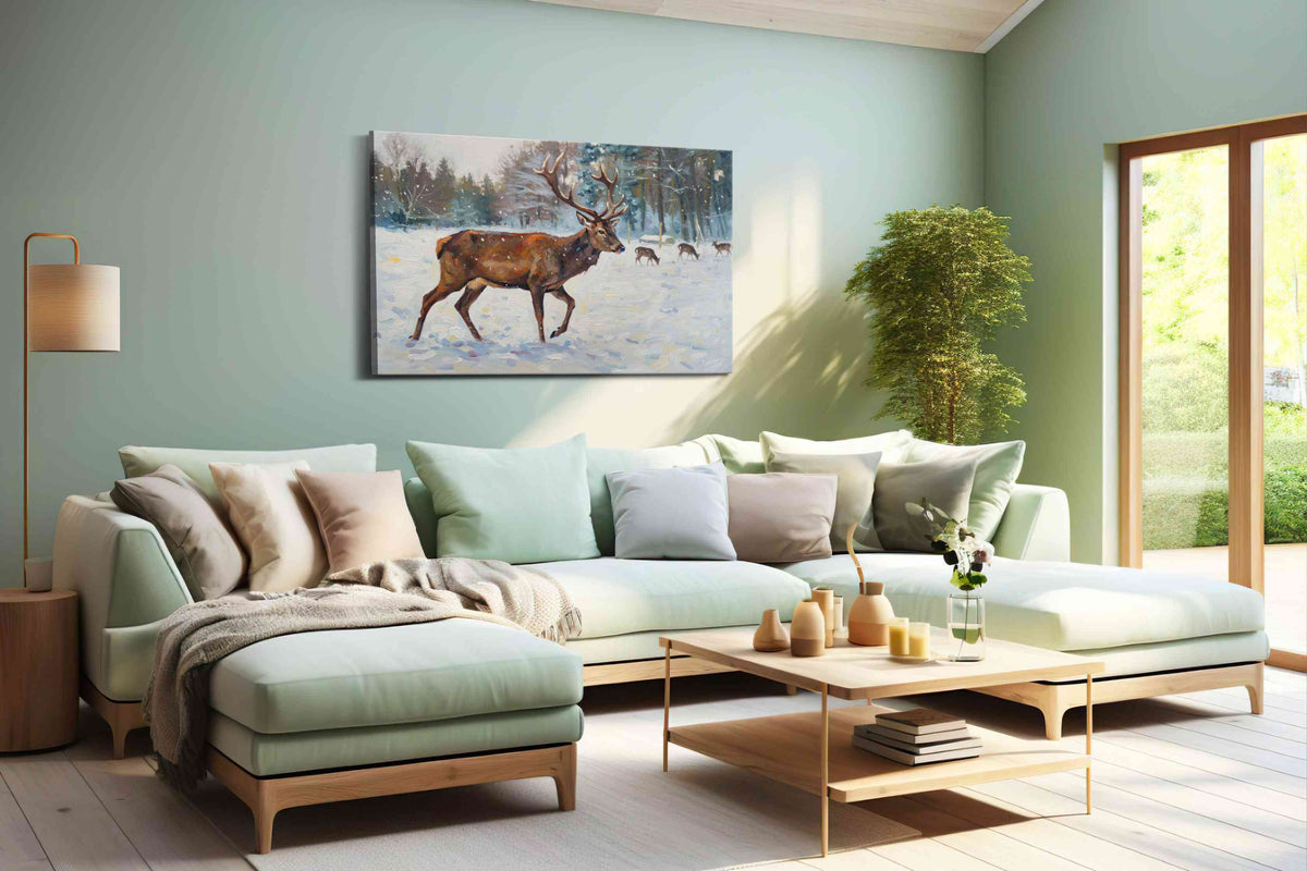 Majestic Winter Stroll animals canvas print, hanging on wall