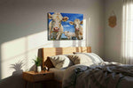 Pastoral Curiosity animals canvas print, displayed in a bedroom