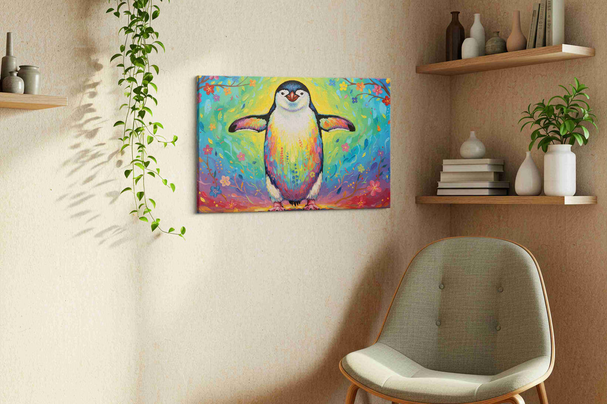 Rainbow Waddle Bliss – birds canvas wall art, gallery-wrapped, ready to hang