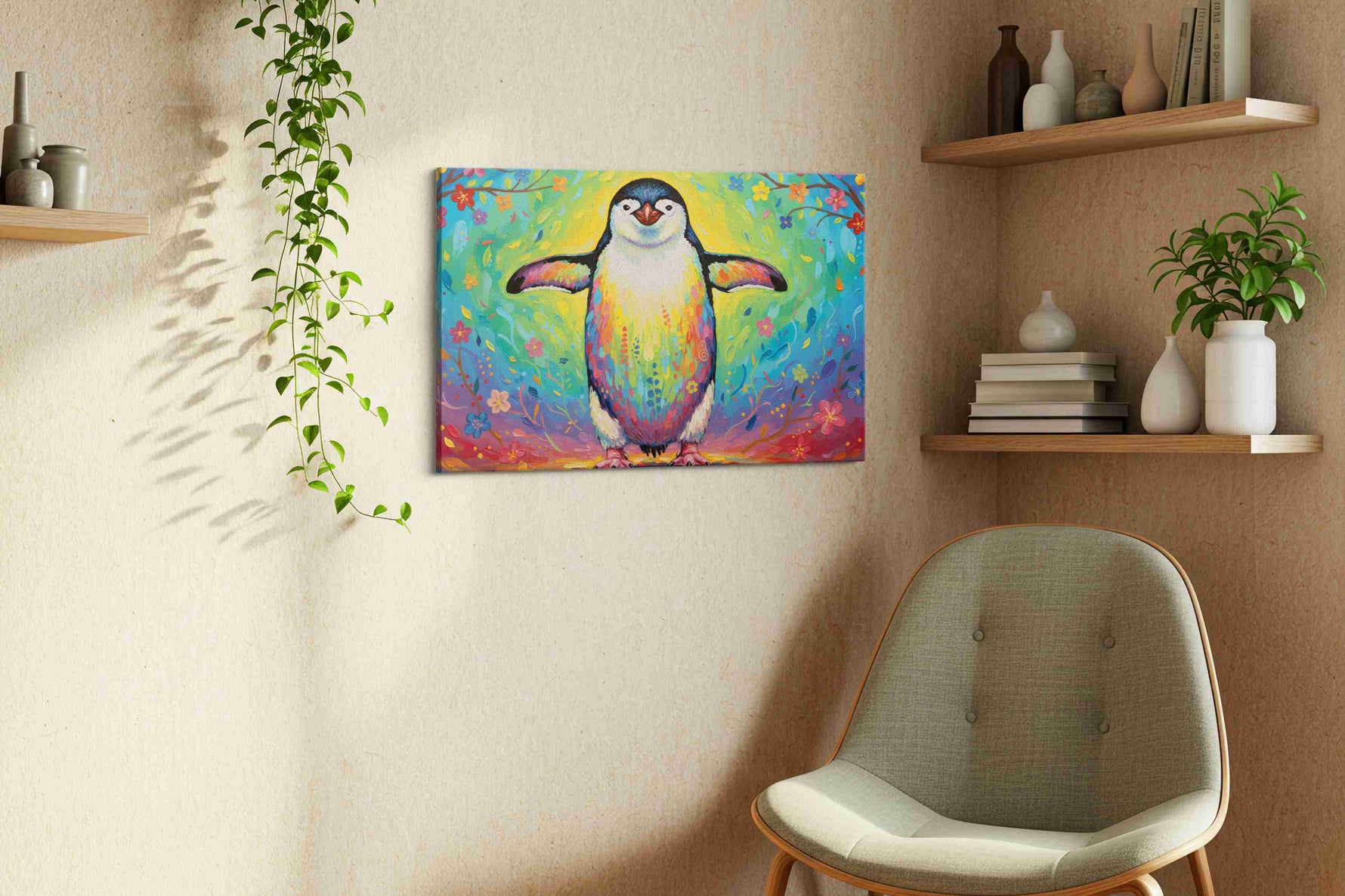 Rainbow Waddle Bliss – birds canvas wall art, gallery-wrapped, ready to hang