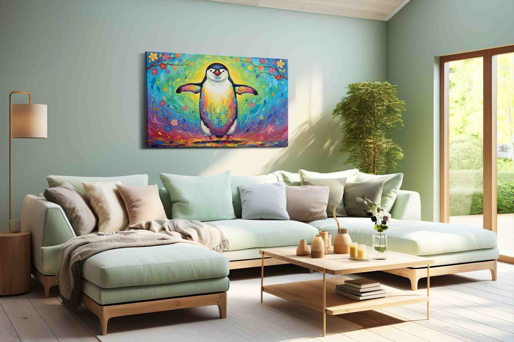 Rainbow Waddle Bliss birds canvas print, hanging on wall