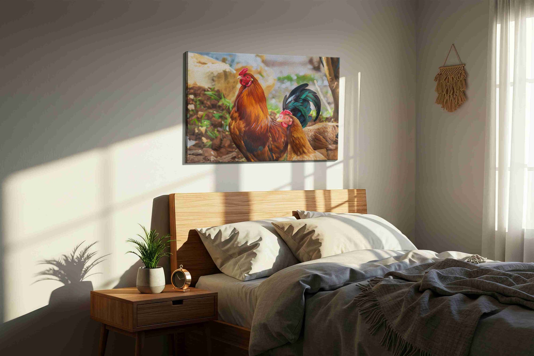 Rustic Harmony in Feathers animals canvas print, displayed in a bedroom