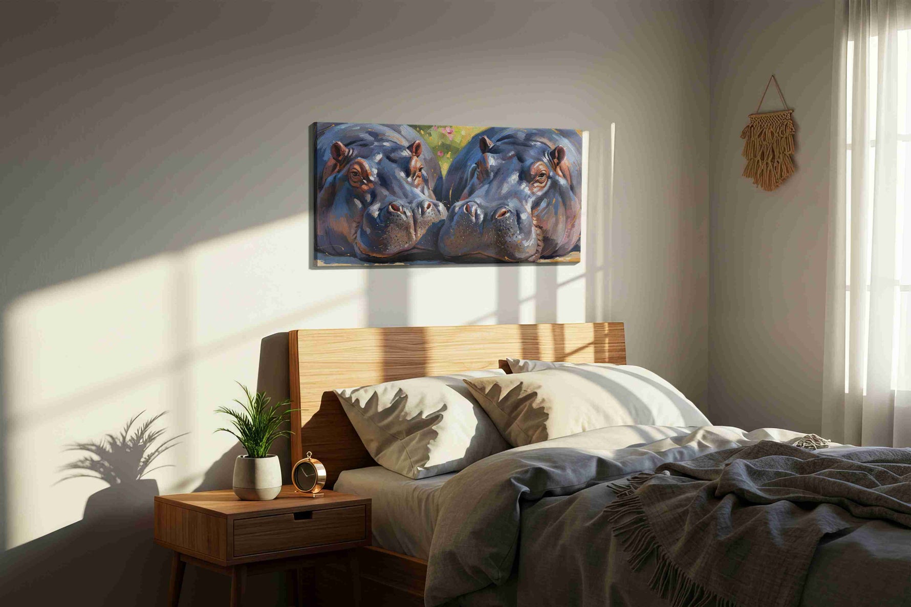 Serene Giants in Harmony animals canvas print, displayed in a bedroom