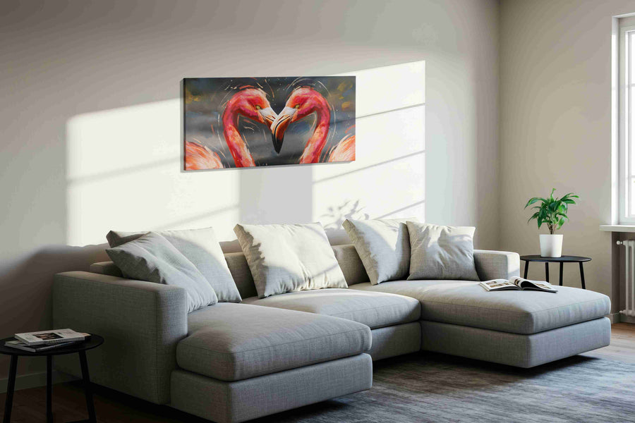 Symphony of Flamingo Hearts animals canvas print, displayed in a living room