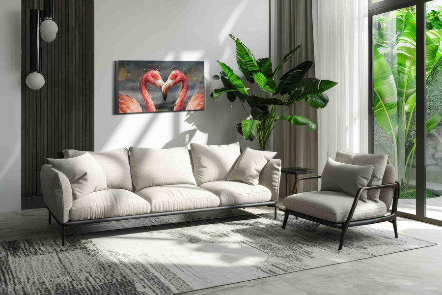 Symphony of Flamingo Hearts animals canvas print in a hung canvas mockup