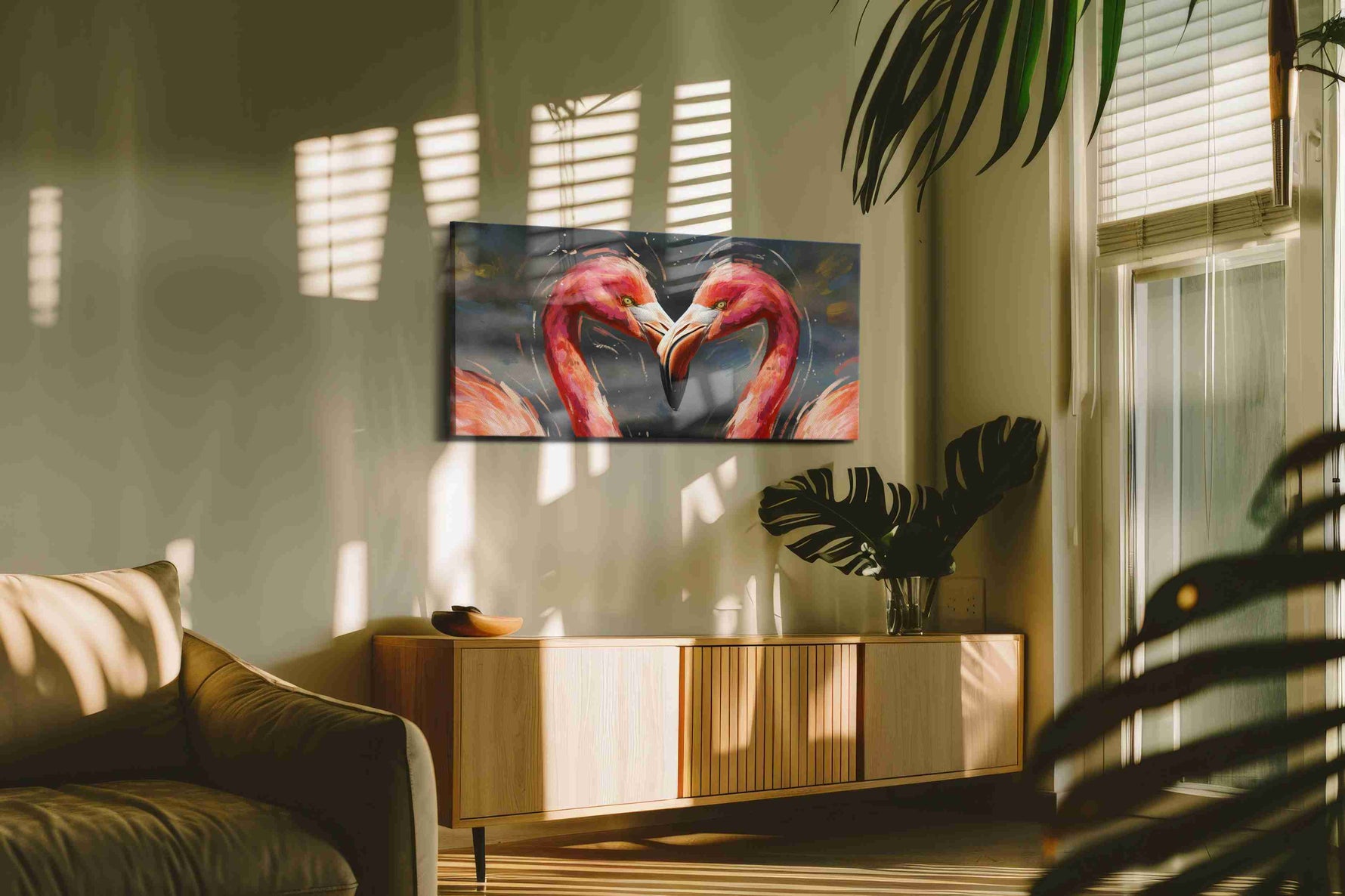 Symphony of Flamingo Hearts animals canvas print, hanging on wall — in a hung canvas mockup