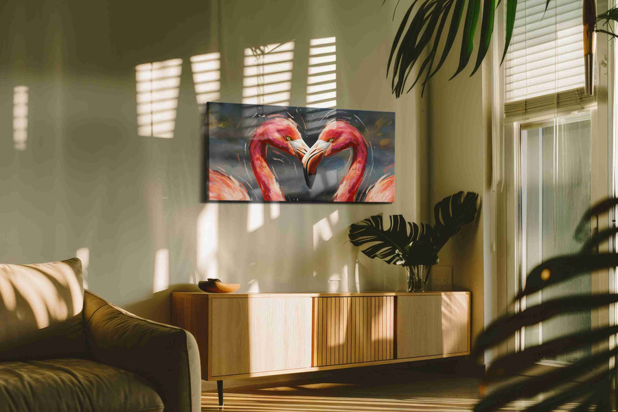 Symphony of Flamingo Hearts animals canvas print, hanging on wall — in a hung canvas mockup