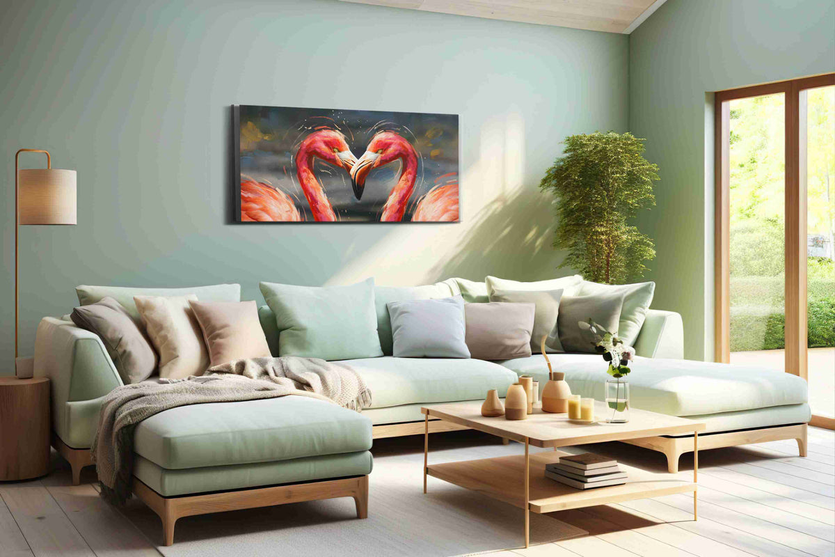 Symphony of Flamingo Hearts animals canvas print shown in a wall scene