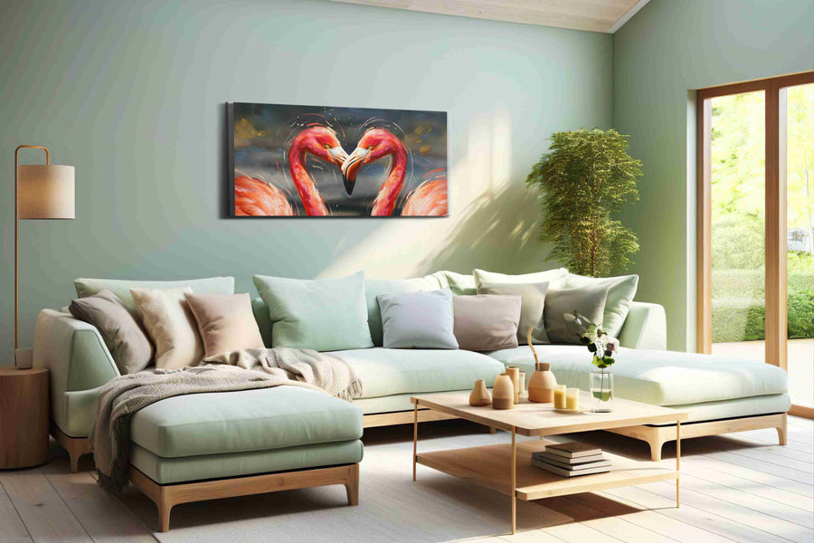 Symphony of Flamingo Hearts animals canvas print shown in a wall scene