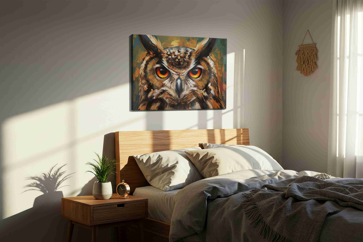 Vigilant Gaze of the Night animals canvas print, displayed in a bedroom