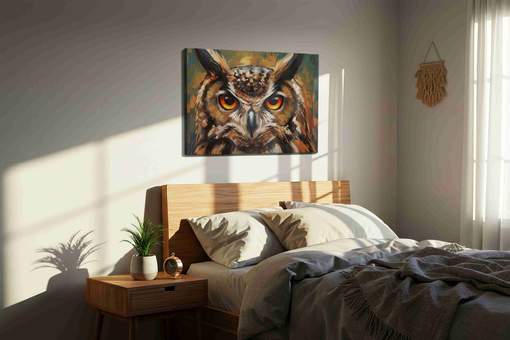Vigilant Gaze of the Night animals canvas print, displayed in a bedroom