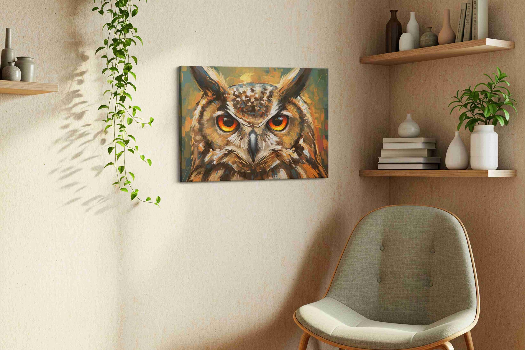 Vigilant Gaze of the Night animals canvas print styled in a living room