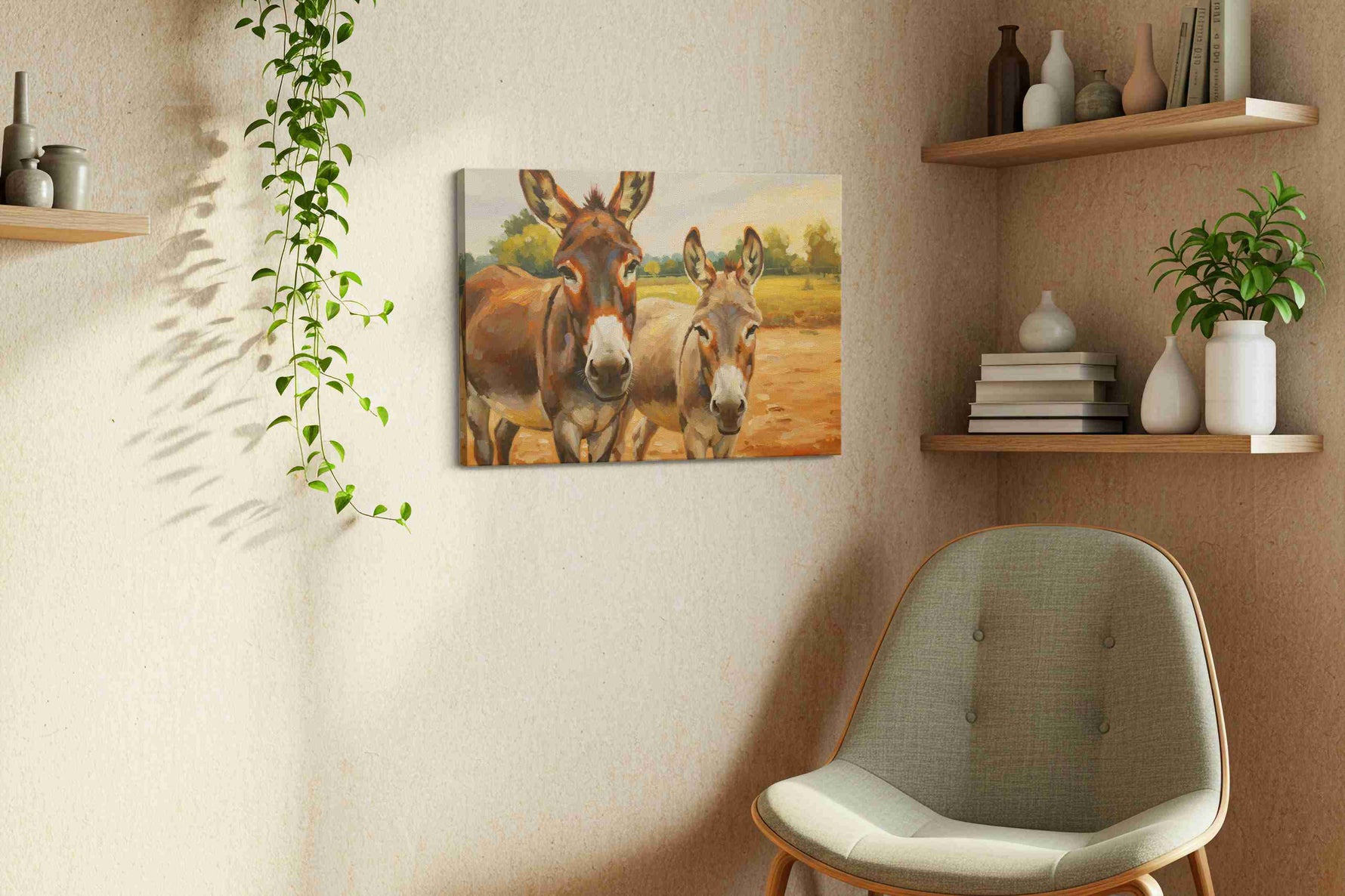 Whimsical Donkey Duo animals canvas print in a living room scene