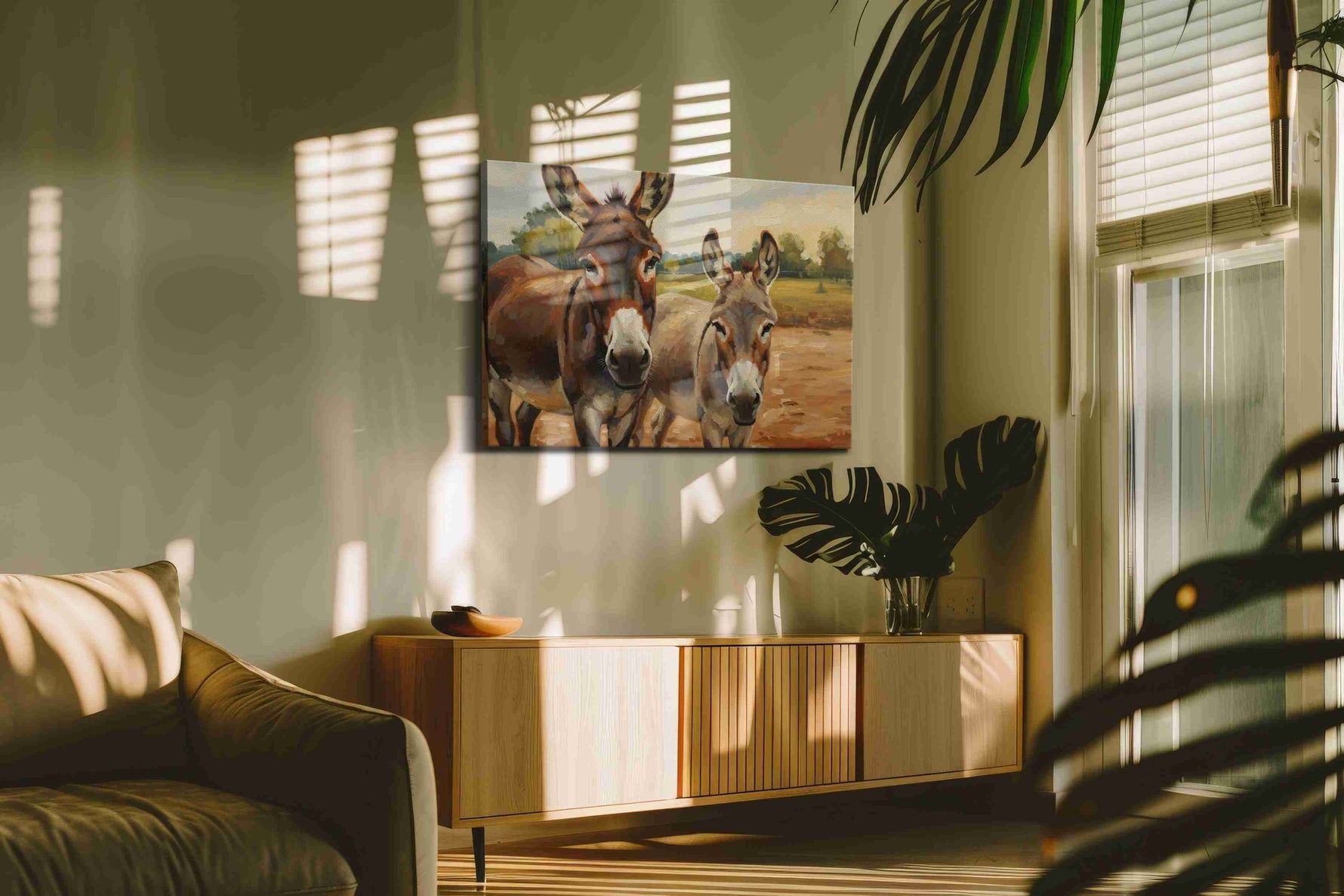 Whimsical Donkey Duo animals canvas print in a contemporary interior mockup
