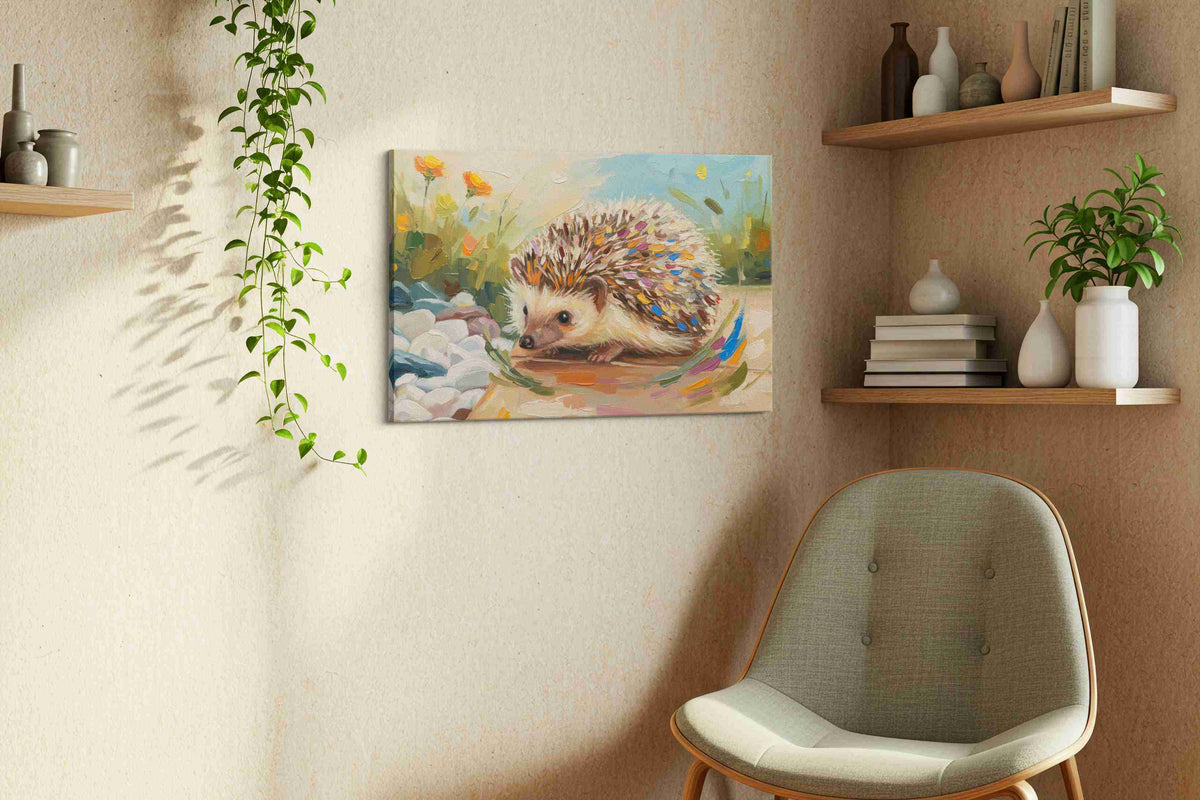 Whimsical Hedgehog Stroll animals canvas print styled in a living room