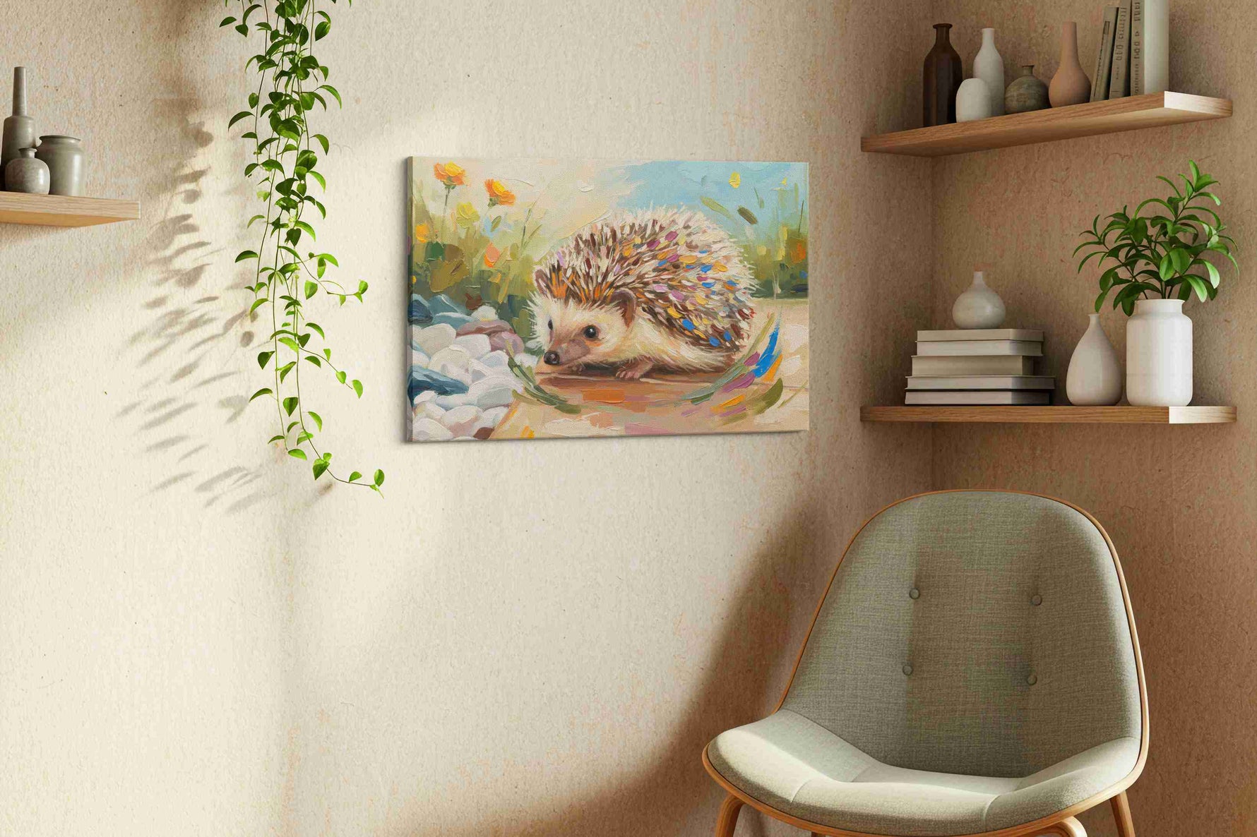 Whimsical Hedgehog Stroll animals canvas print styled in a living room