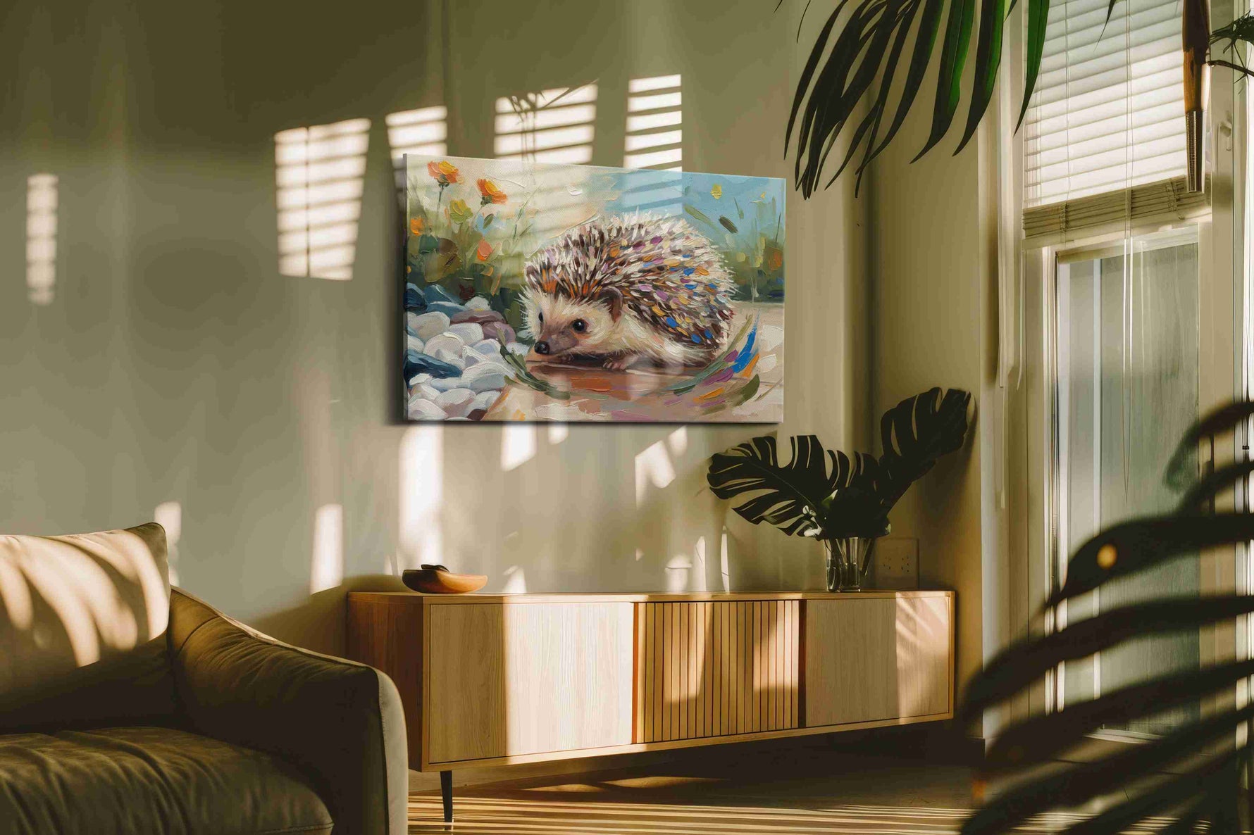 Whimsical Hedgehog Stroll animals canvas print in a hung canvas mockup