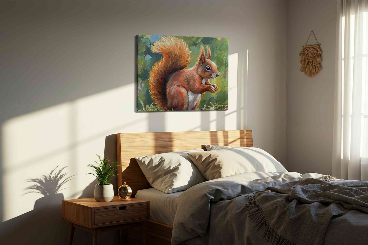 Whiskered Woodland Wonder animals canvas print, displayed in a bedroom
