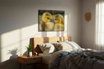 Whispers of Fuzzy Companions birds canvas print, displayed in a bedroom