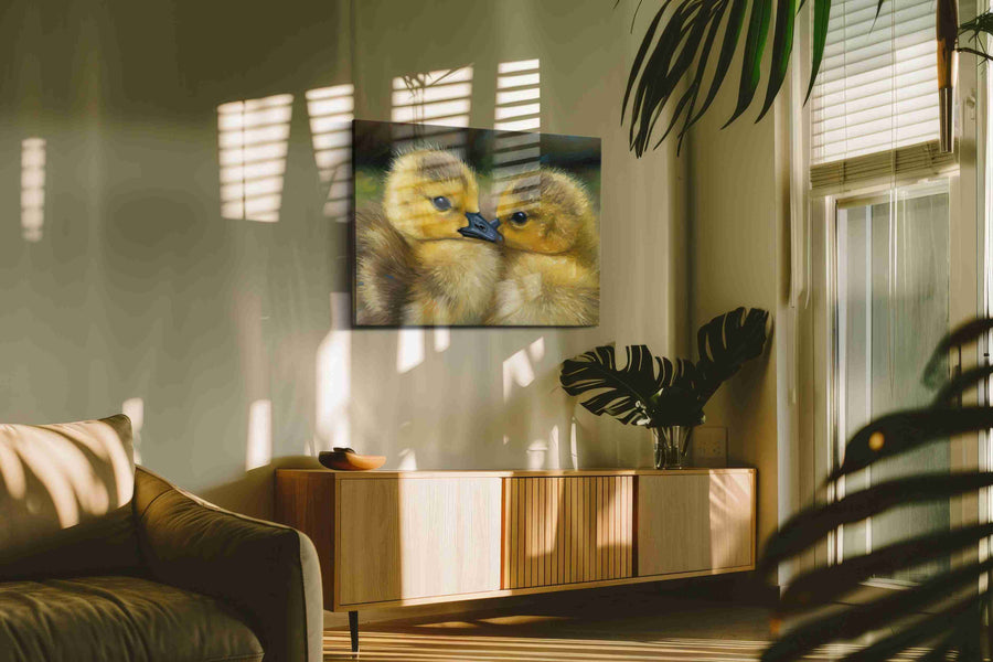 Whispers of Fuzzy Companions birds canvas print, hanging on wall — in a hung canvas mockup
