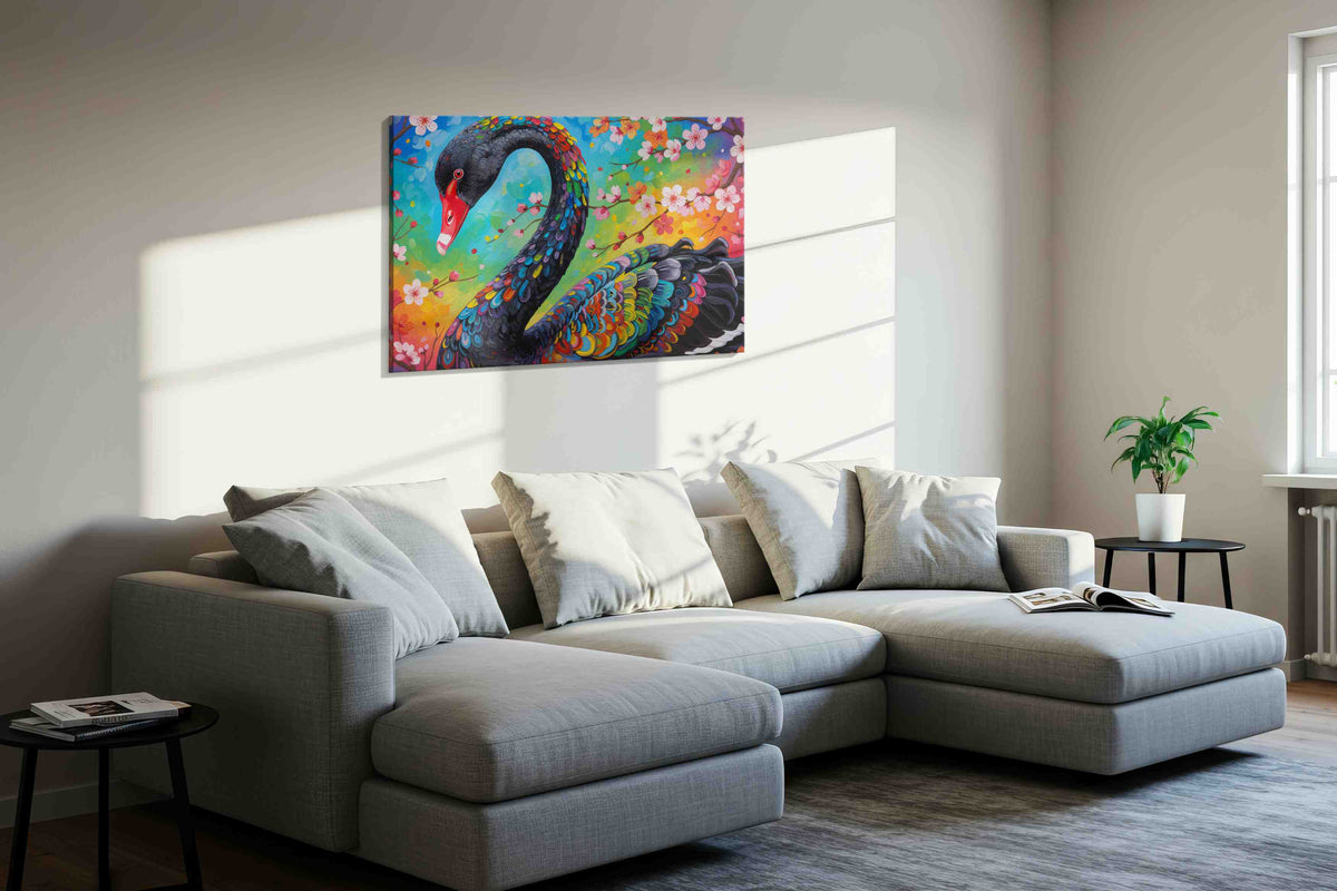 Whispers of the Vibrant Swan birds canvas print, displayed in a living room