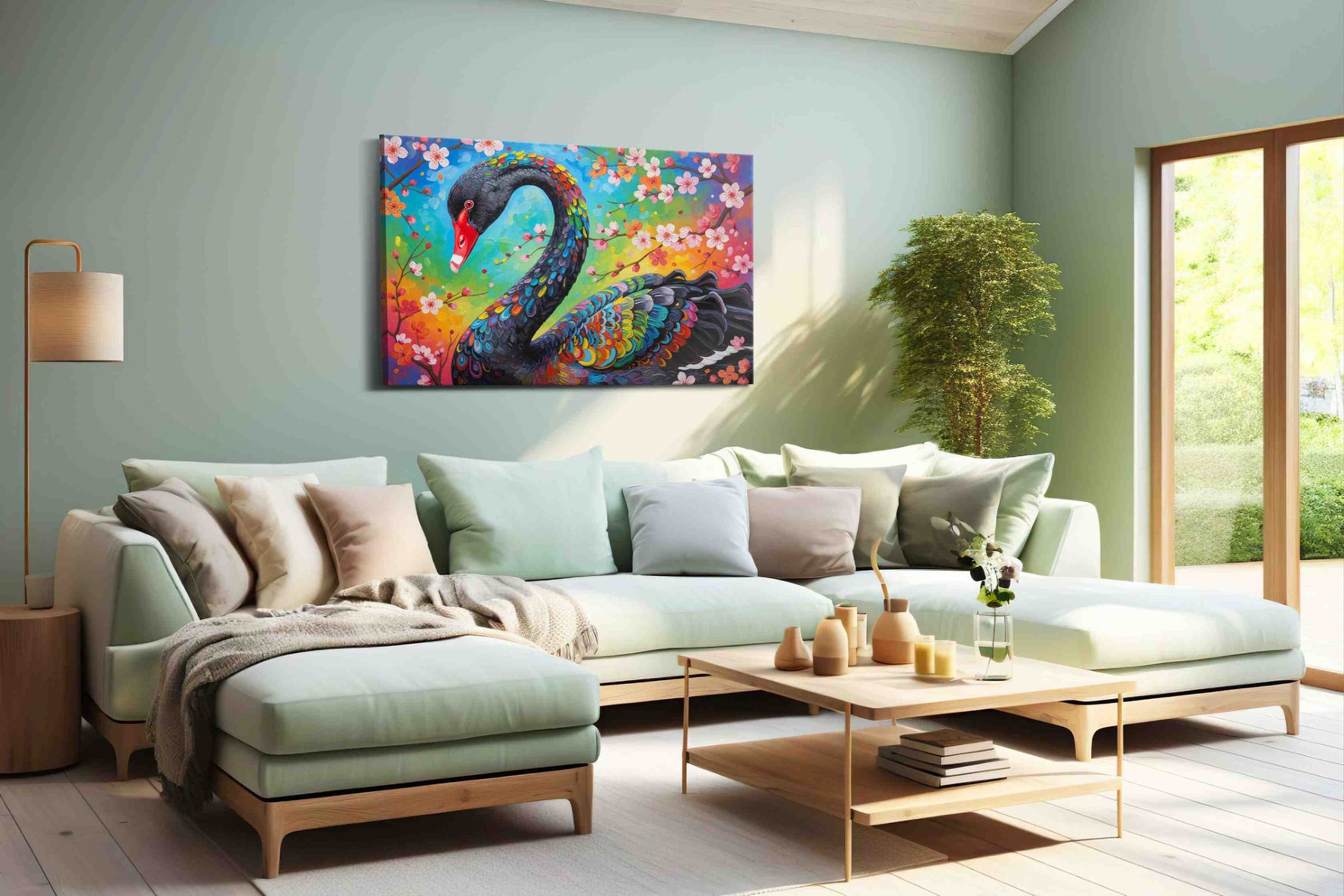 Whispers of the Vibrant Swan birds canvas print shown in a wall scene