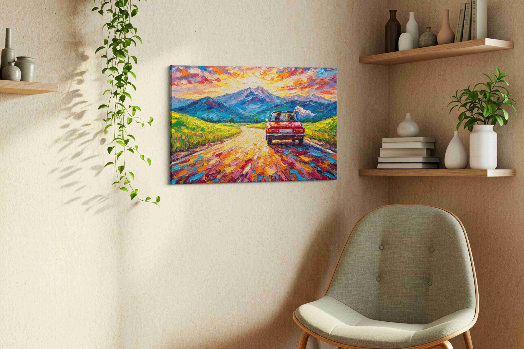 Sunset Drive through Colorful Valleys landscape canvas print in a living room scene