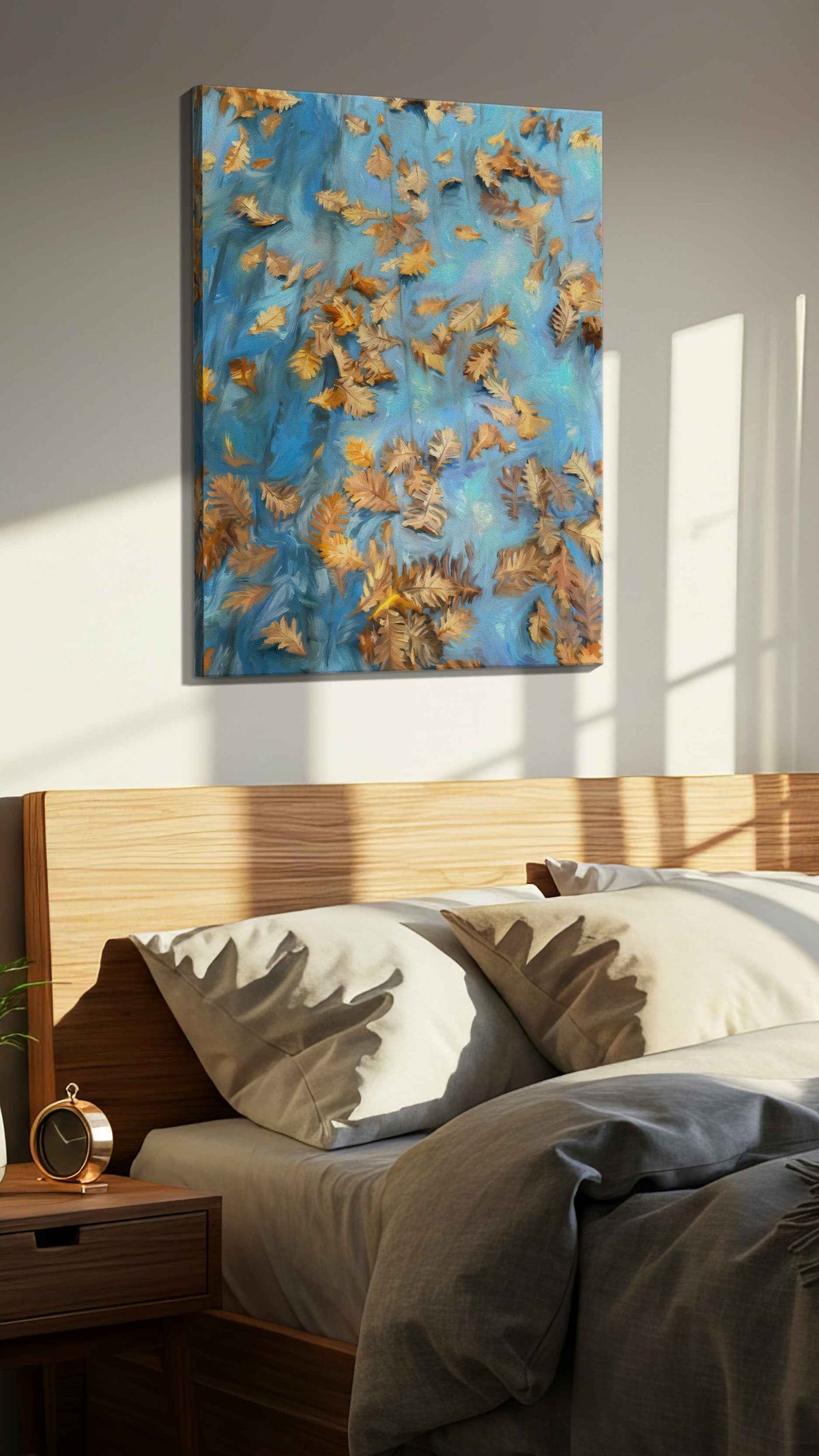 Autumn's Gentle Drift autumn canvas print, displayed in a bedroom
