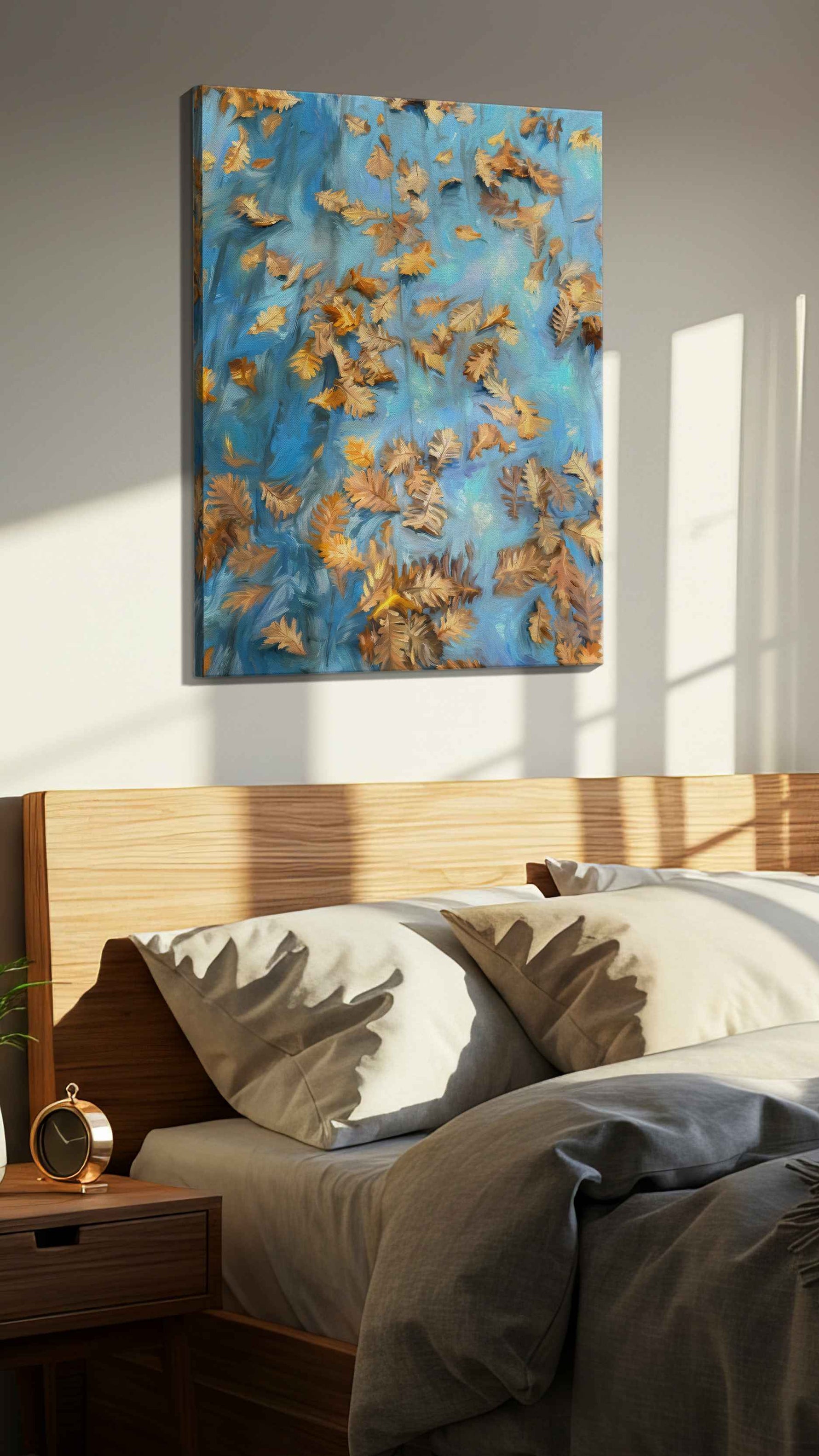 Autumn's Gentle Drift autumn canvas print, displayed in a bedroom