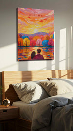 Embrace of Autumn Glow romance canvas print, displayed in a bedroom