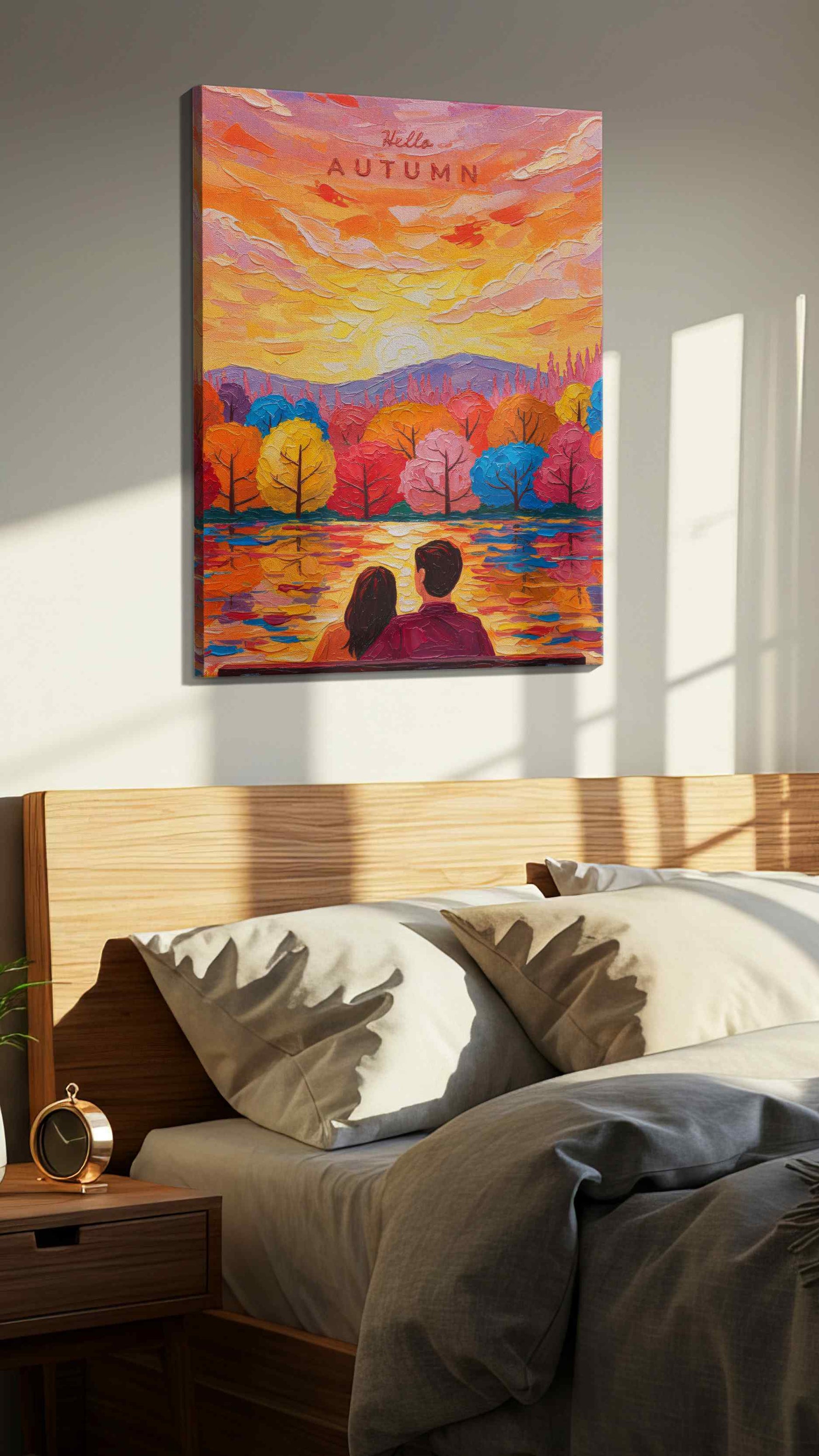 Embrace of Autumn Glow romance canvas print, displayed in a bedroom