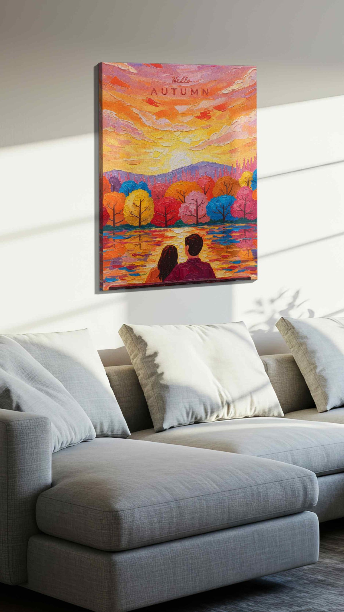 Embrace of Autumn Glow romance canvas print, displayed in a living room