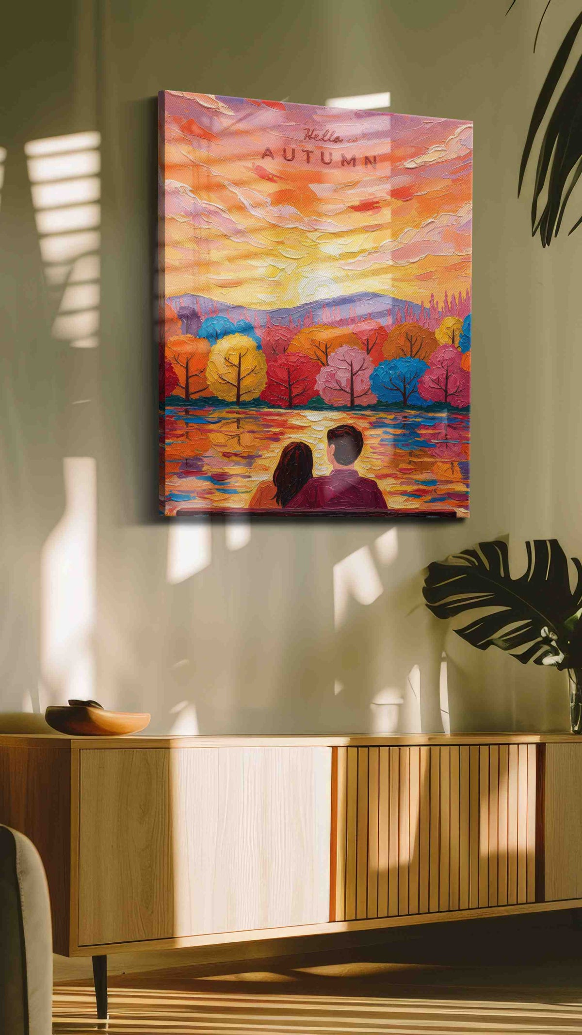 Embrace of Autumn Glow romance canvas print in a contemporary interior mockup