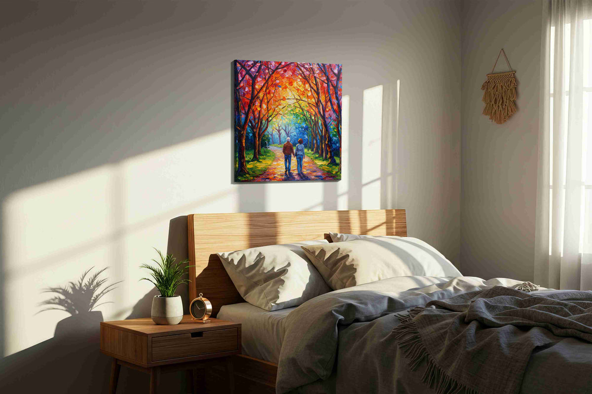 Eternal Walk Under Autumn Skies romance canvas print, displayed in a bedroom