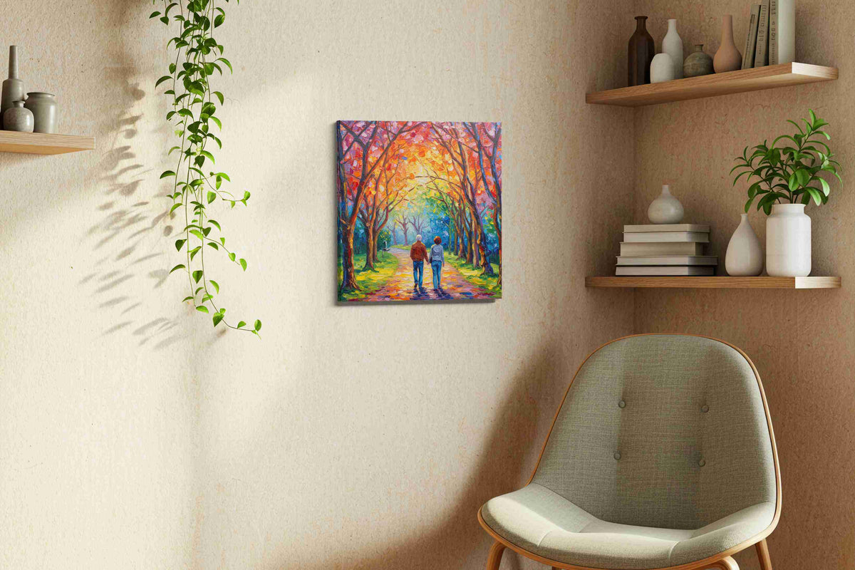 Eternal Walk Under Autumn Skies romance canvas print, hanging on wall — view 2