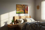 Golden Whispers of Autumn landscape canvas print, displayed in a bedroom