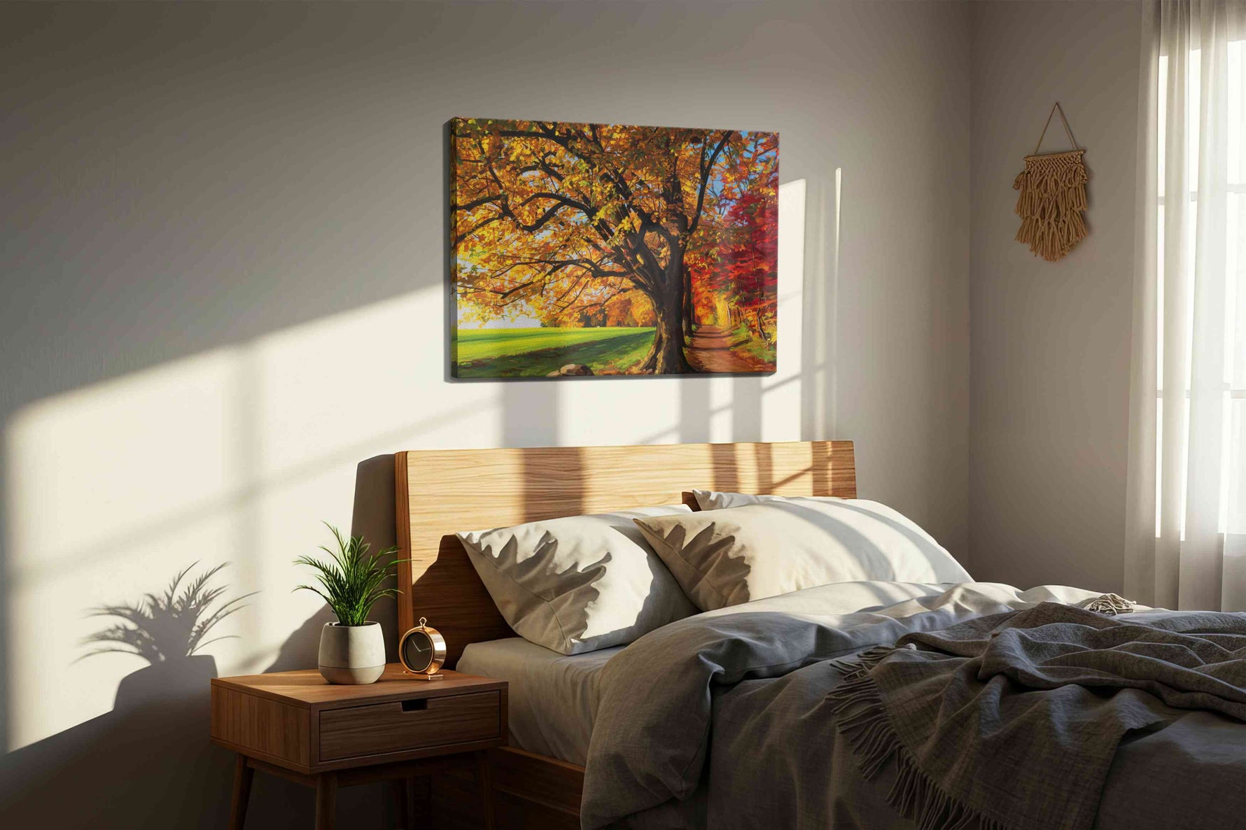 Golden Whispers of Autumn landscape canvas print, displayed in a bedroom