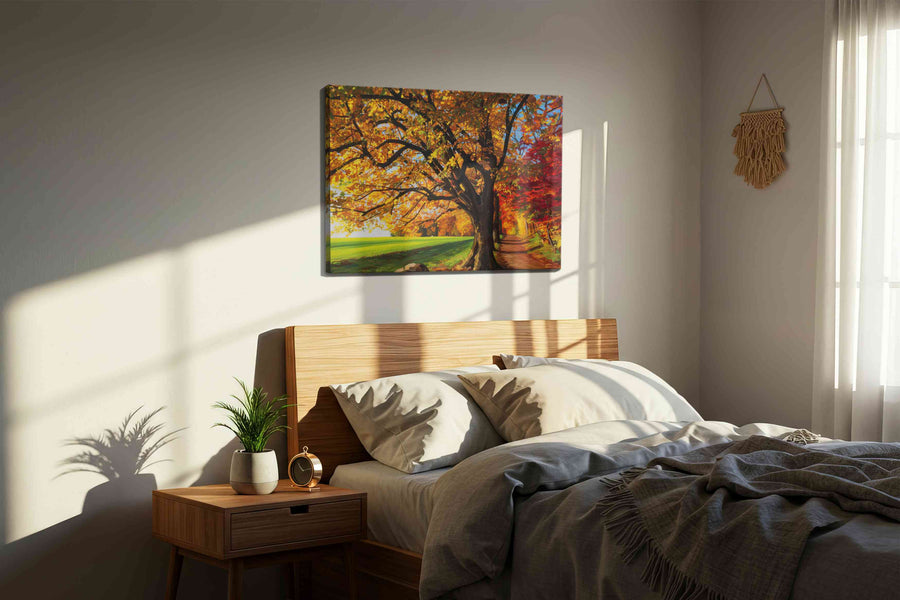 Golden Whispers of Autumn landscape canvas print, displayed in a bedroom