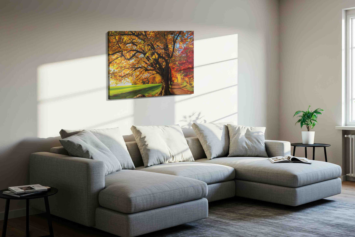 Golden Whispers of Autumn landscape canvas print, displayed in a living room