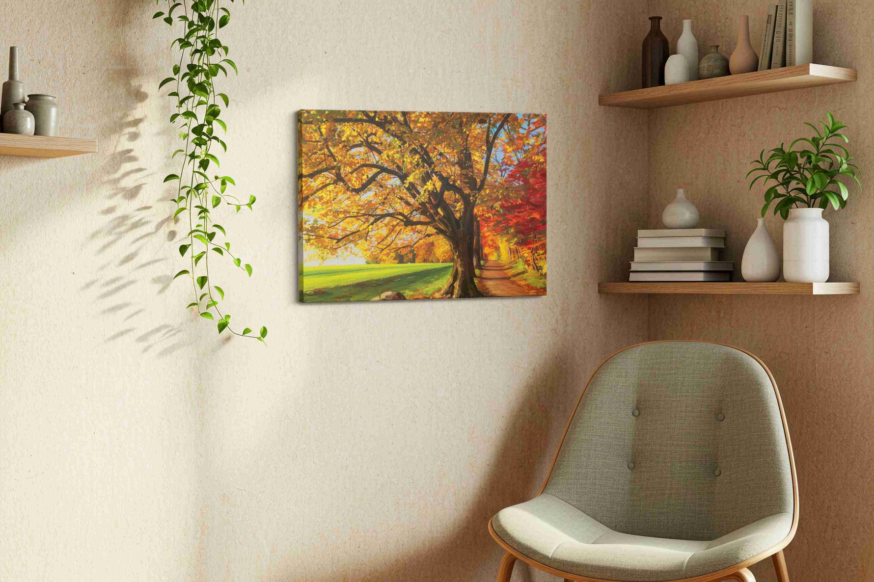 Golden Whispers of Autumn landscape canvas print styled in a living room