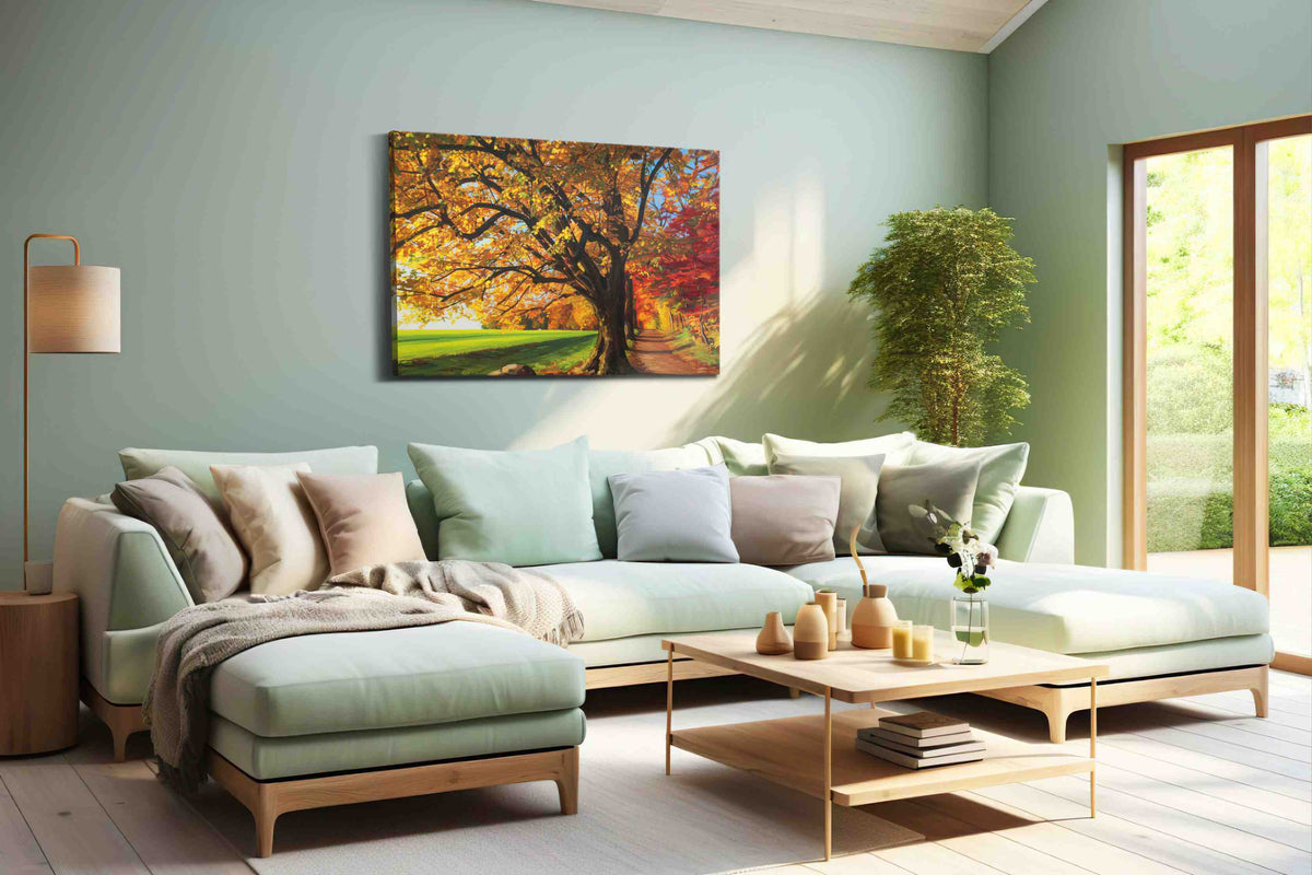 Golden Whispers of Autumn landscape canvas print, hanging on wall