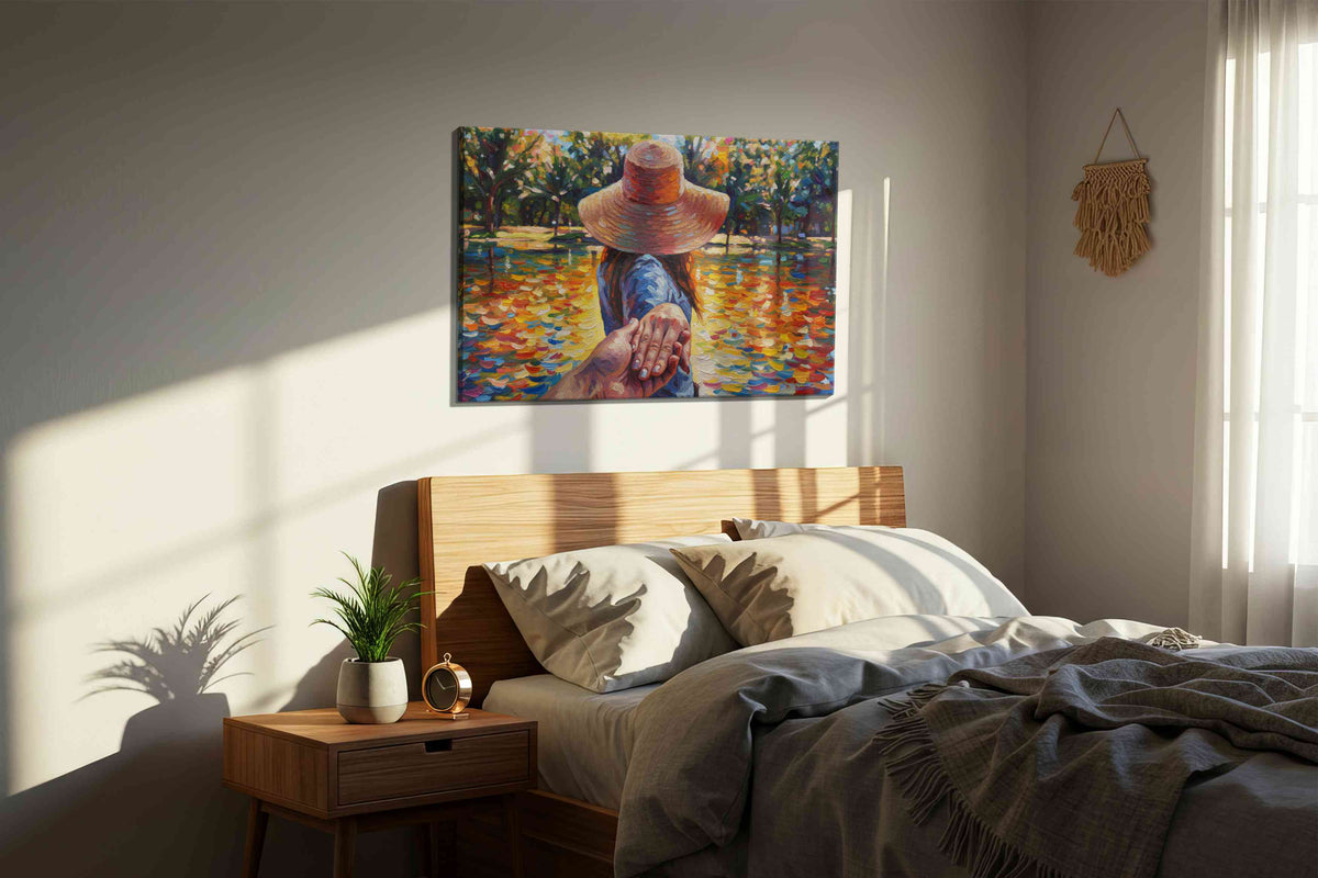 Guided by Autumn Light romance canvas print, displayed in a bedroom